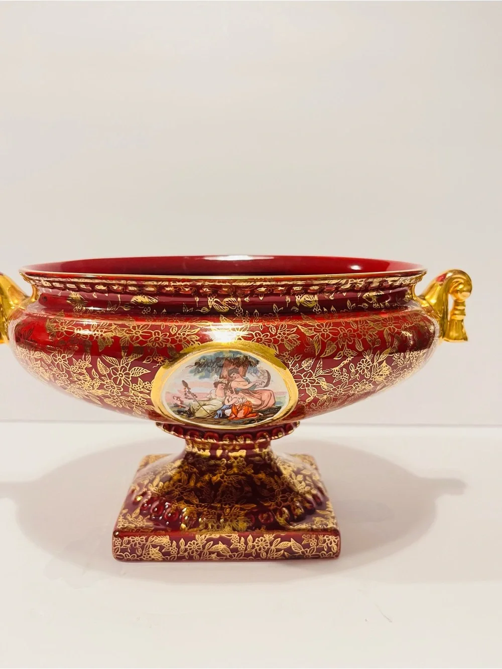 Vintage 1930’s Empire Ware Wine Red & Gold Floral Design Set of 2  Footed Urns